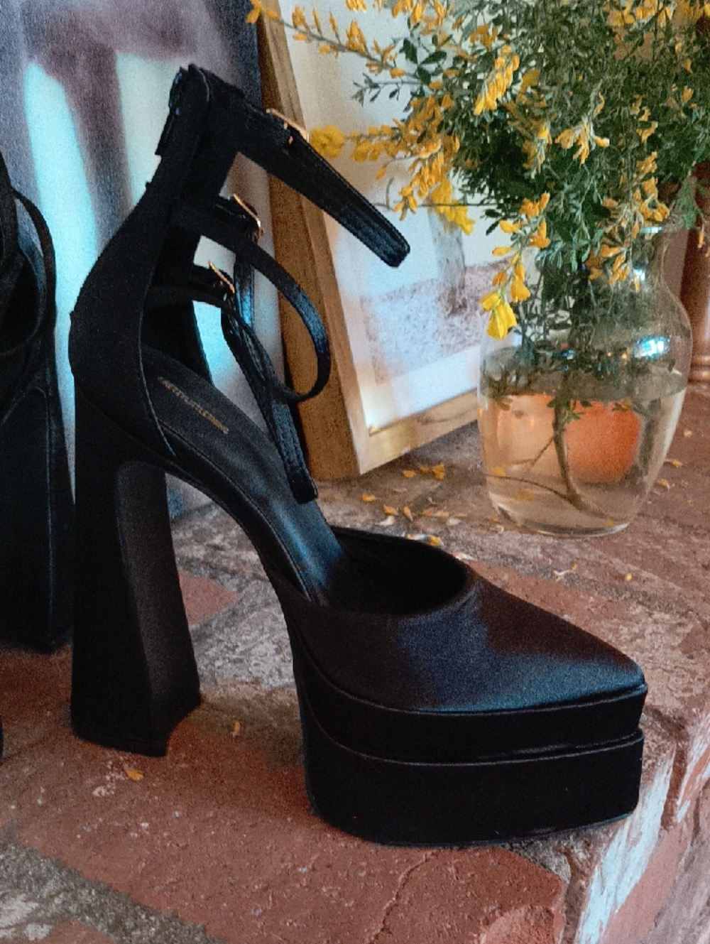 Triple-Strap Black Satin Platform Block Heels - Picture 4 of 11